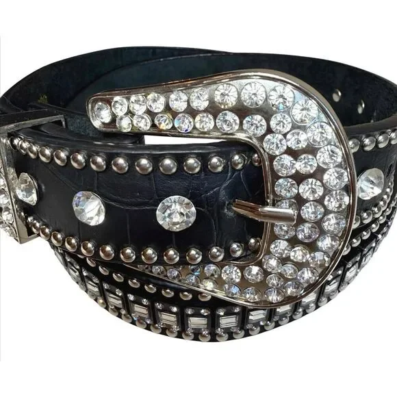 Western Rhinestone Crystal Belt Black Genuine Leather Croc Embossed Studded SM - Picture 2 of 15